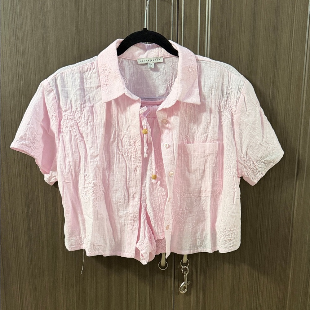 Haute Monde‎ Light Pink Short-Sleeve Button-Down Shirt and matching short set